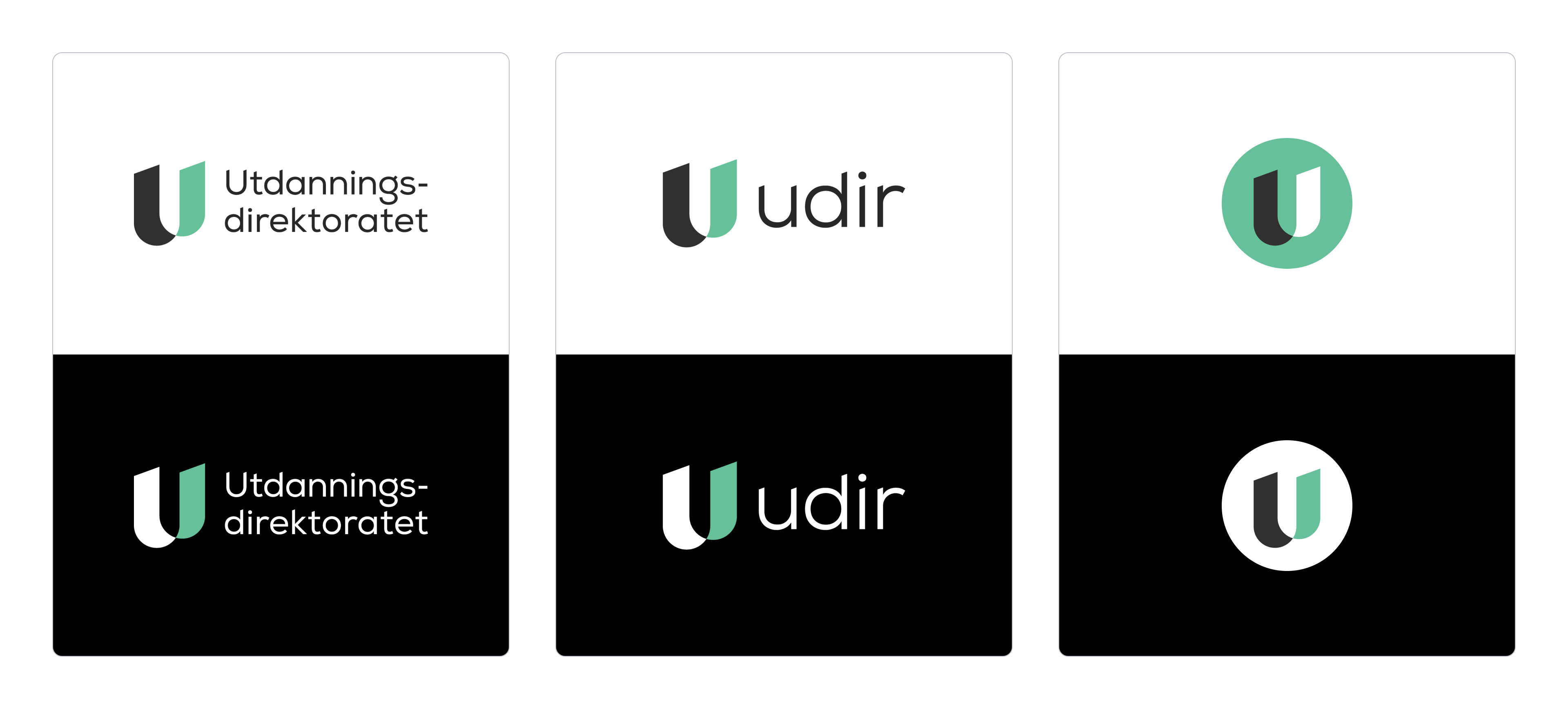 Tre logoer på hvit bakgrunn og tre logoer på svart bakgrunn