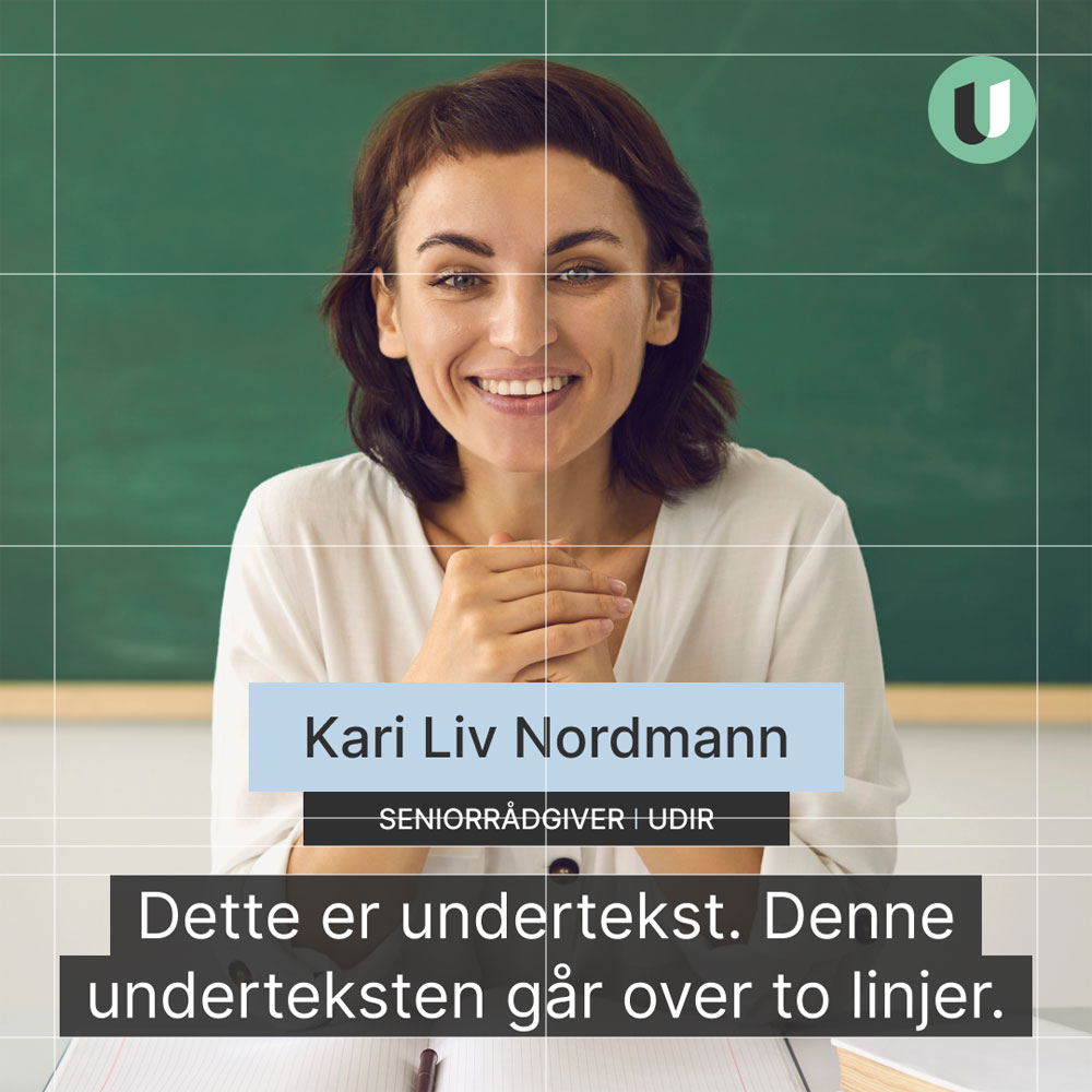 Kvadratisk foto av kvinne med blått felt for navn, tittel og teksting hvor streker ligger i bakgrunnen på bildet for å vise plassering