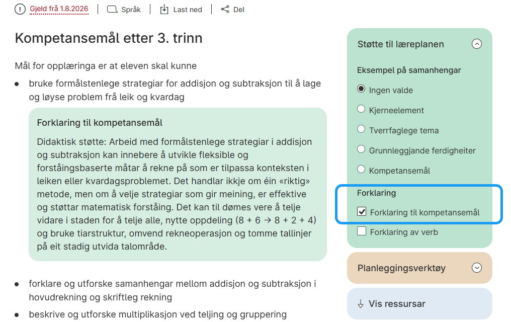 Skjermbilde av læreplan på udir.no. Til høyre i skjermbildet er det ringet rundt avhukingsboksen "Forklaring til kompetansemål"